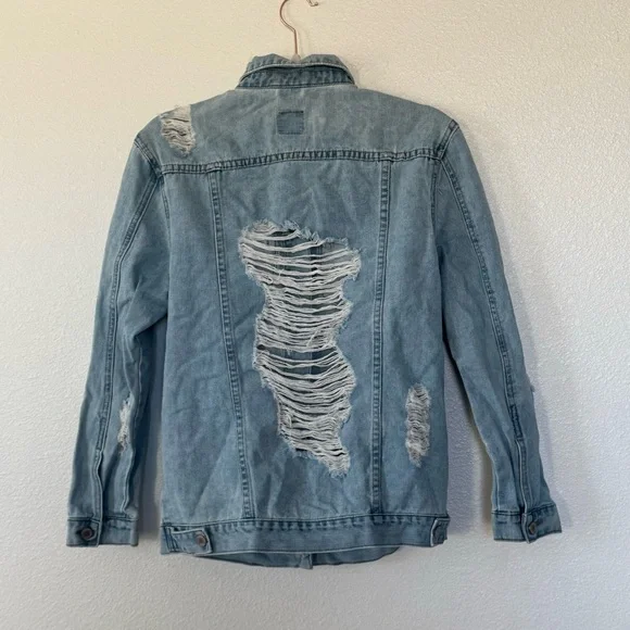 BoomBoom Jeans Jacket Denim Blue Shredded Distressed Denim Button Front Pocket M - Picture 4 of 9